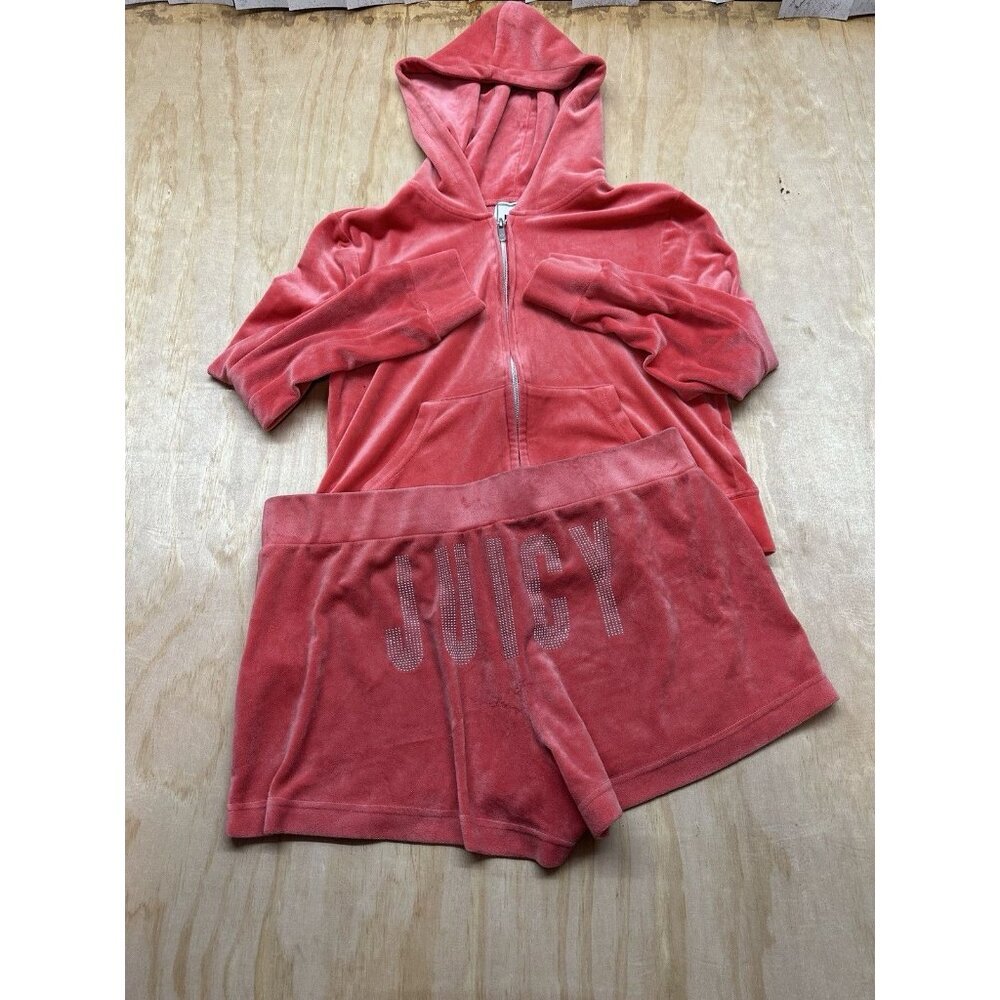 Juicy By Juicy Couture Hoodie Shorts Orange Velour Rhinestones‎ M & L Woman’s